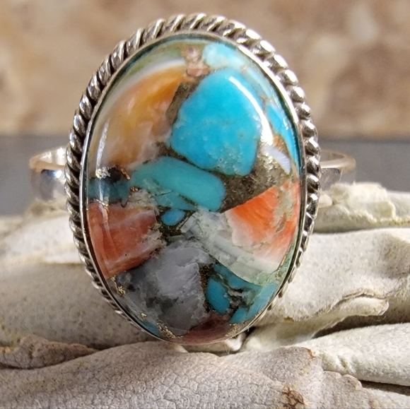 Vintage Jewelry - Native Copper Turquoise Gemstone Ring 8 Sterling Silver 925 Boho Jewelry Rustic